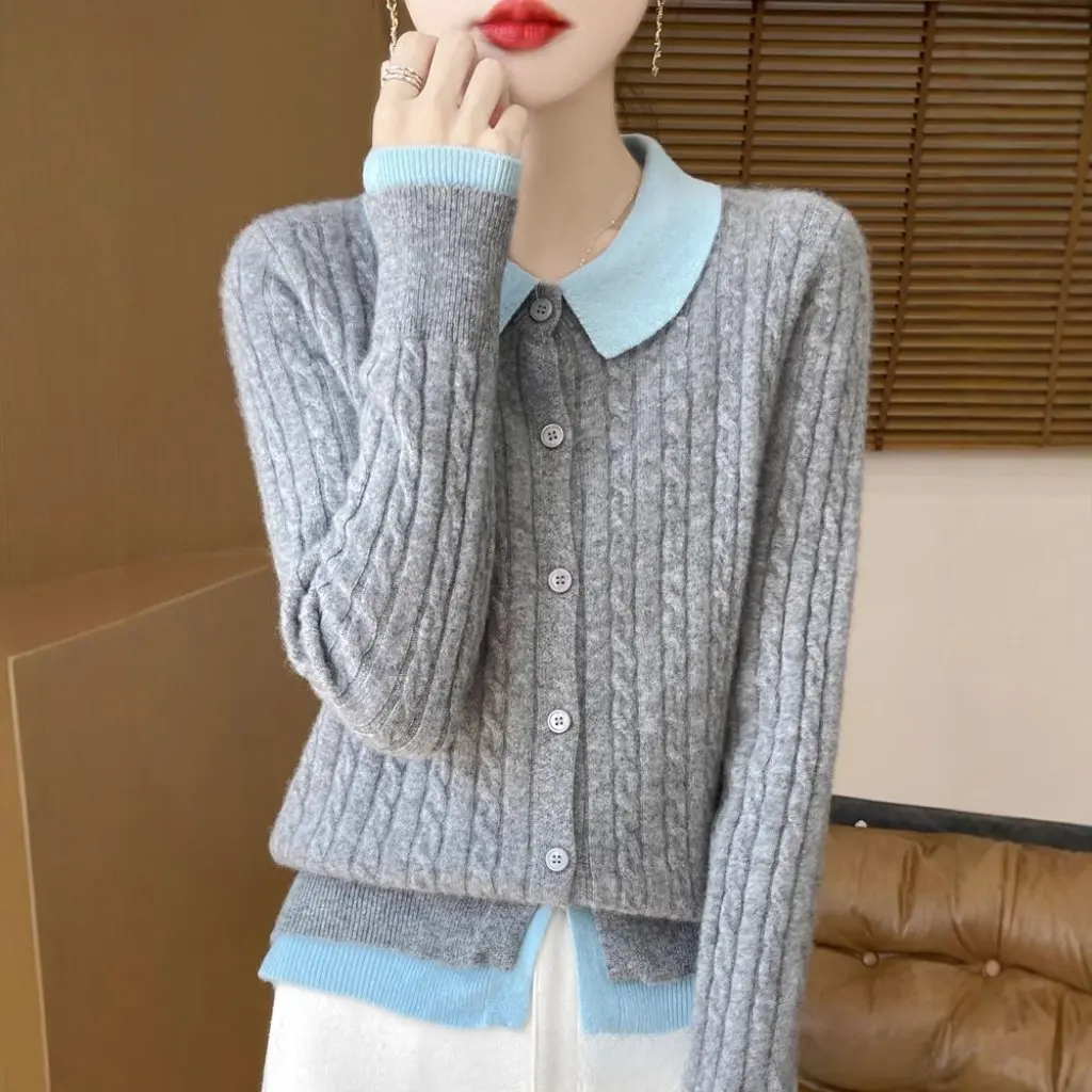 

Women's Thickened 7-Pin Knitted Cardigan Autumn Winter 100% Wool Doll Collar Twist Stitching Contrast Color Top