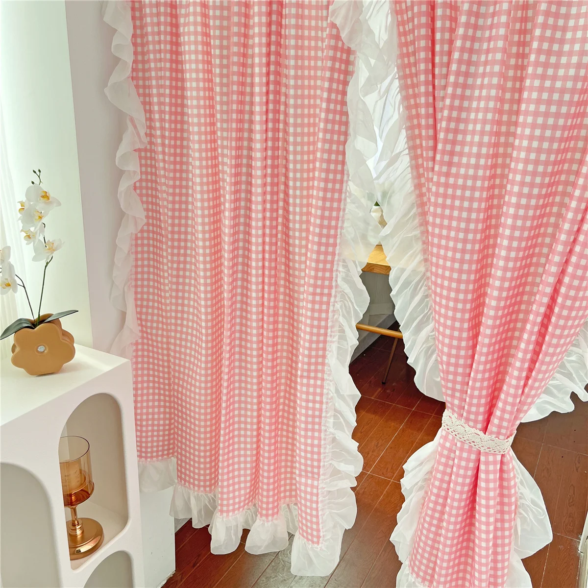 Korean Ins Plaid Blackout Curtains with Lace Edge Modern Simple Candy Color Sweet Window Drapes for Girl\'s Room Kitchen Cortinas