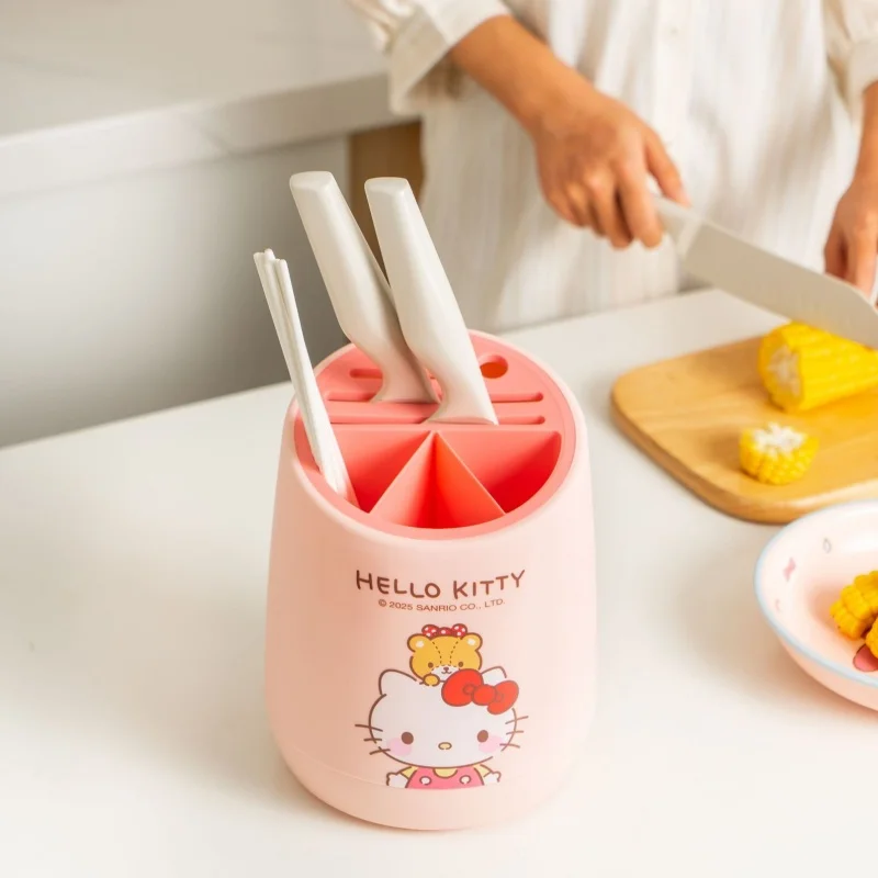 

New Sanrio Hello Kitty cartoon kitchen knife storage box My Melody Chopstick Barrel Integrated Drain Storage Rack Knife Holder