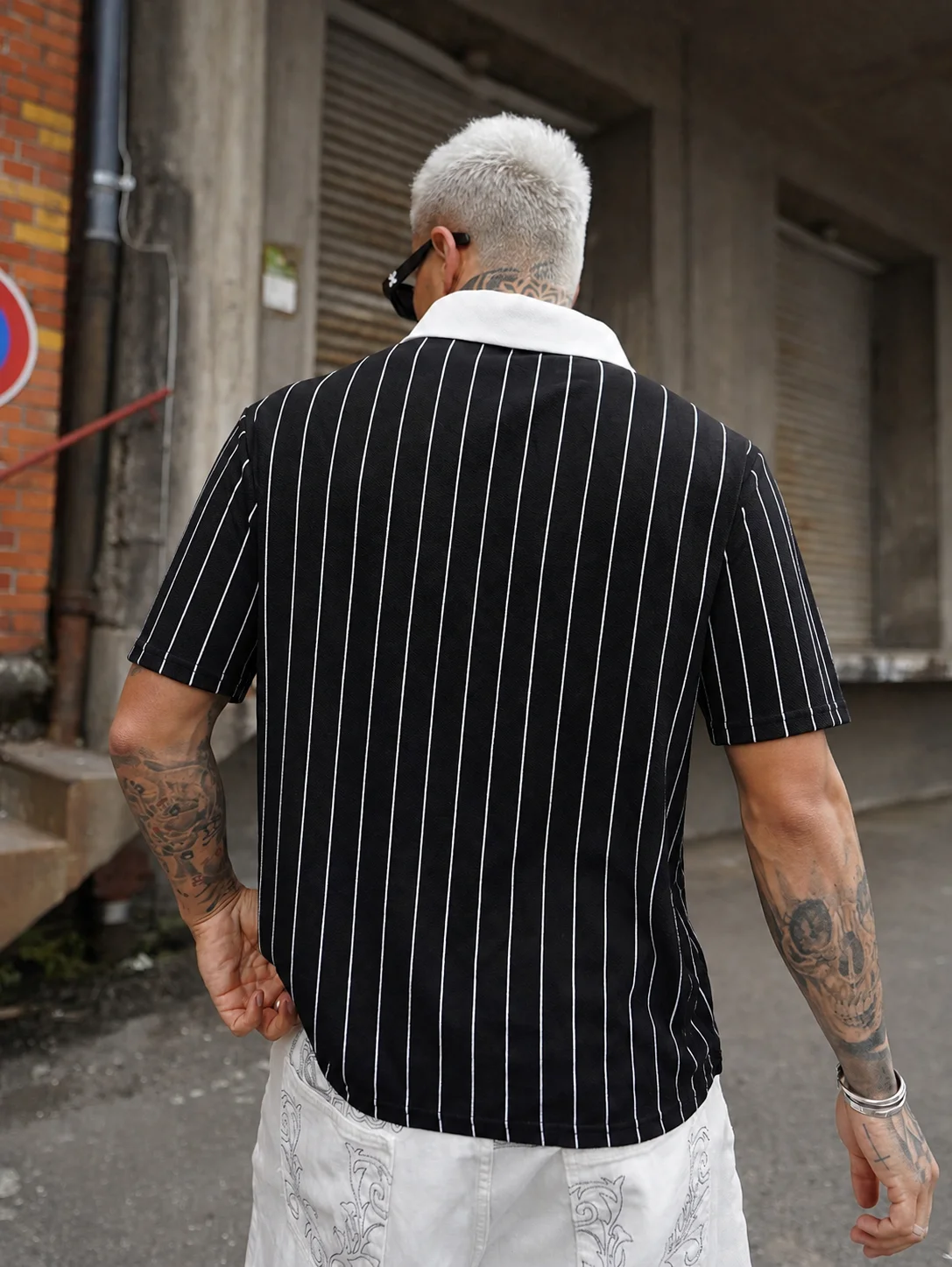 Men's Summer T-shirt Pinstripe Short Sleeve California Los Angeles Letter Print Loose Retro Street Casual Sports Polo Style Tops