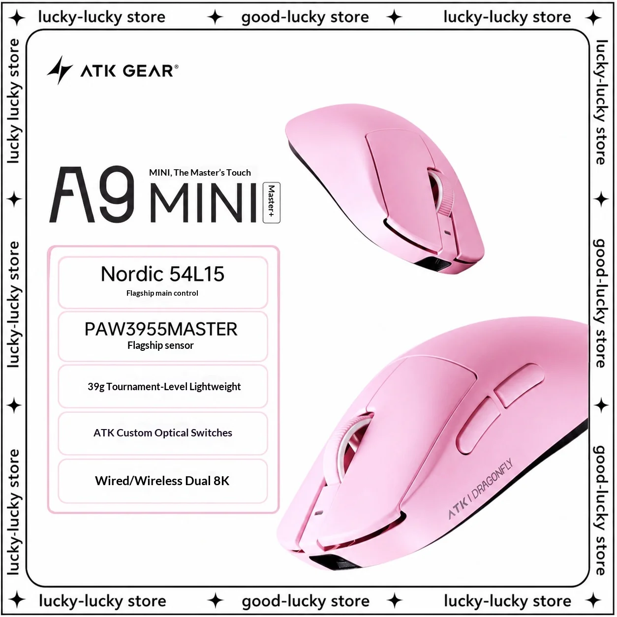 Genuine ATK A9 Mini Wireless Gaming Mouse 39G Lightweight PAW3955 8K Dual Mode Ergonomic Pink Mice For Small Hand E-Sports Use