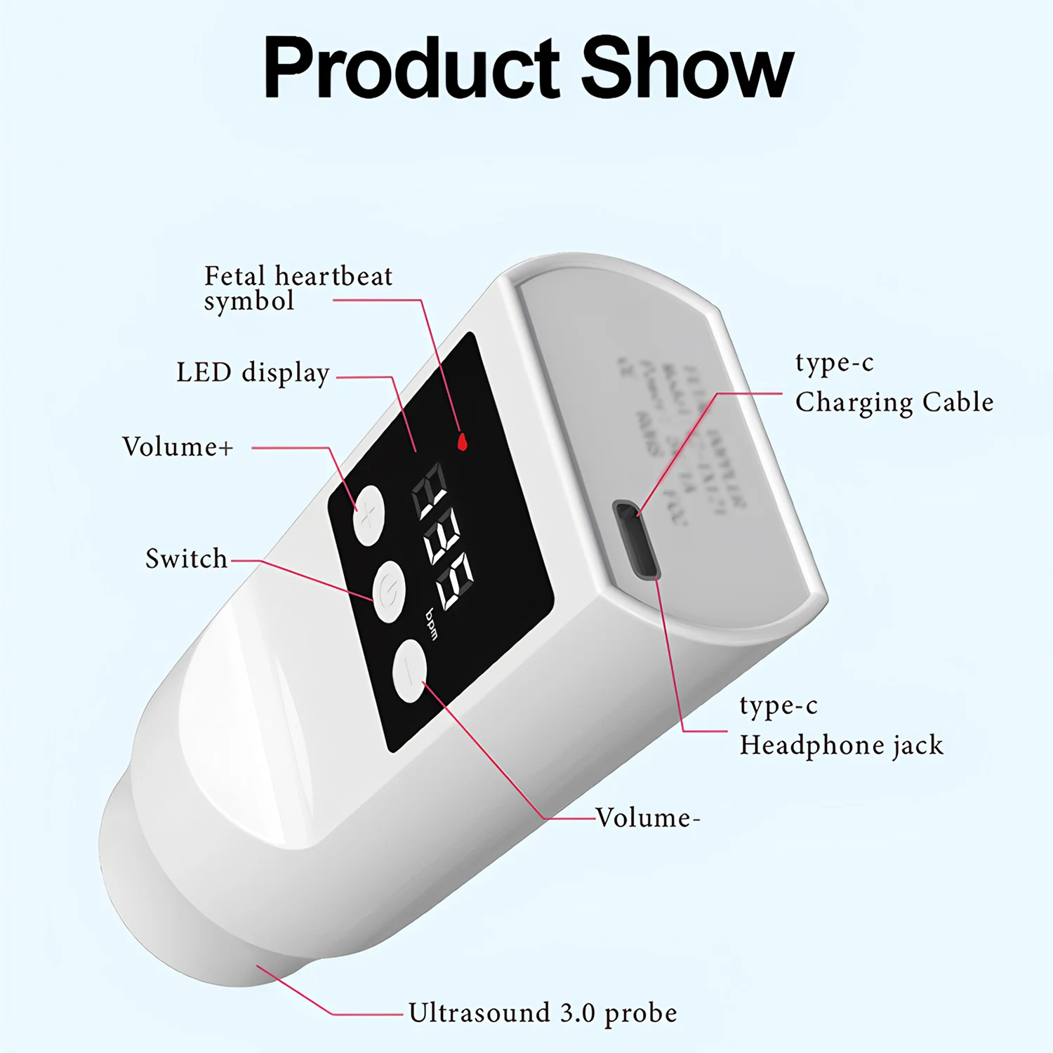 Moniteur électronique de grossesse Doppler rechargeable 3,0 MHz pour femmes enceintes, stéthoscope à ultrasons pour mouvements fœtaux
