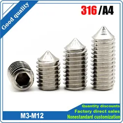 2/50pcs M3 M4 M5 M6 M8 M10 316 A4-80 Stainless Steel Hex Hexagon Socket Tapered End Grub Headless Bolt Cone Point Set Screw