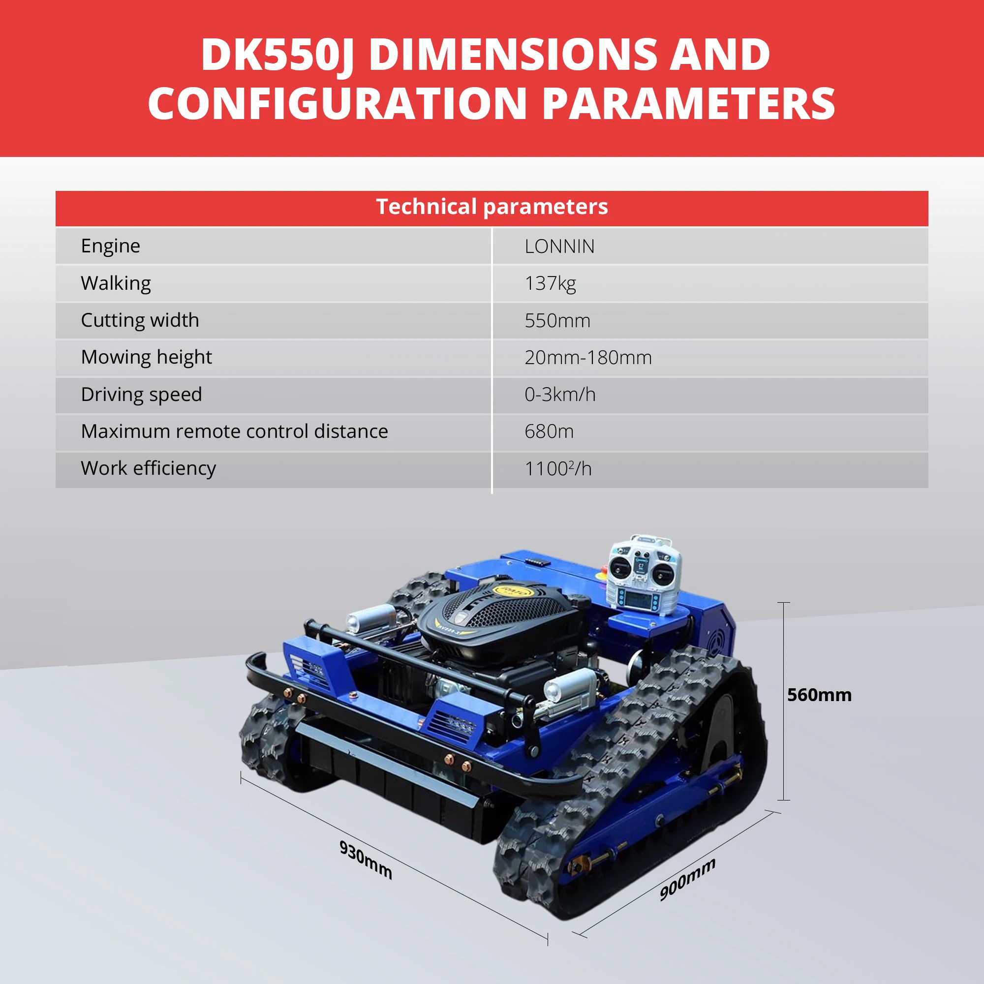 AWY-550 Smart Remote Lawn Mower, 170KG Heavy Machine, 45° Climb Capability, Long Runtime, CE Certified