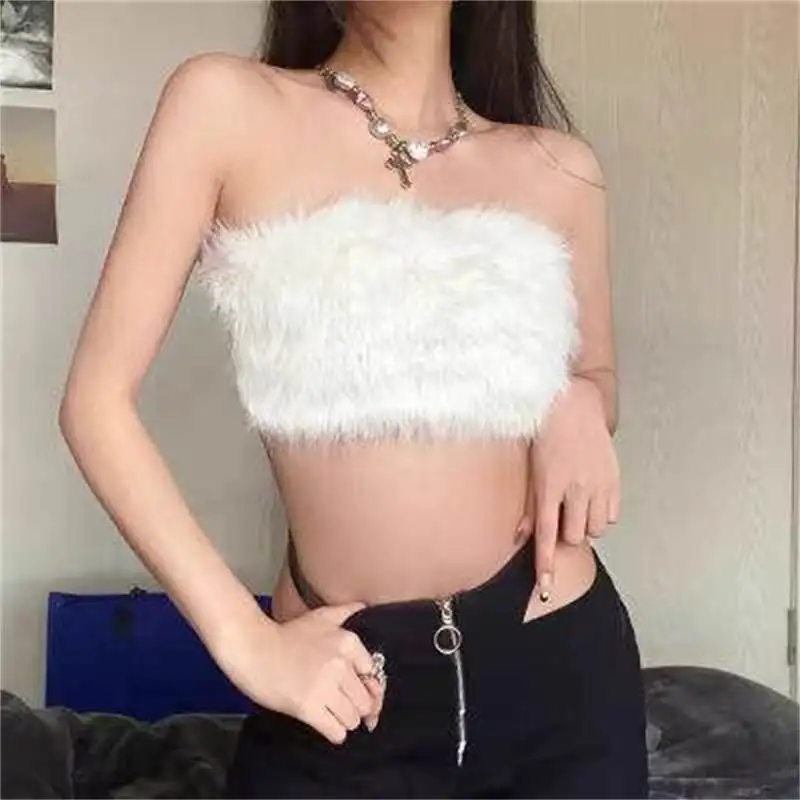 Vintage Chic Sexy Y2K Crop Top Fuzzy Tank Top Spaghetti Strap Strapless Women's Streetwear Design Short Tops Slim T-shirt Trendy