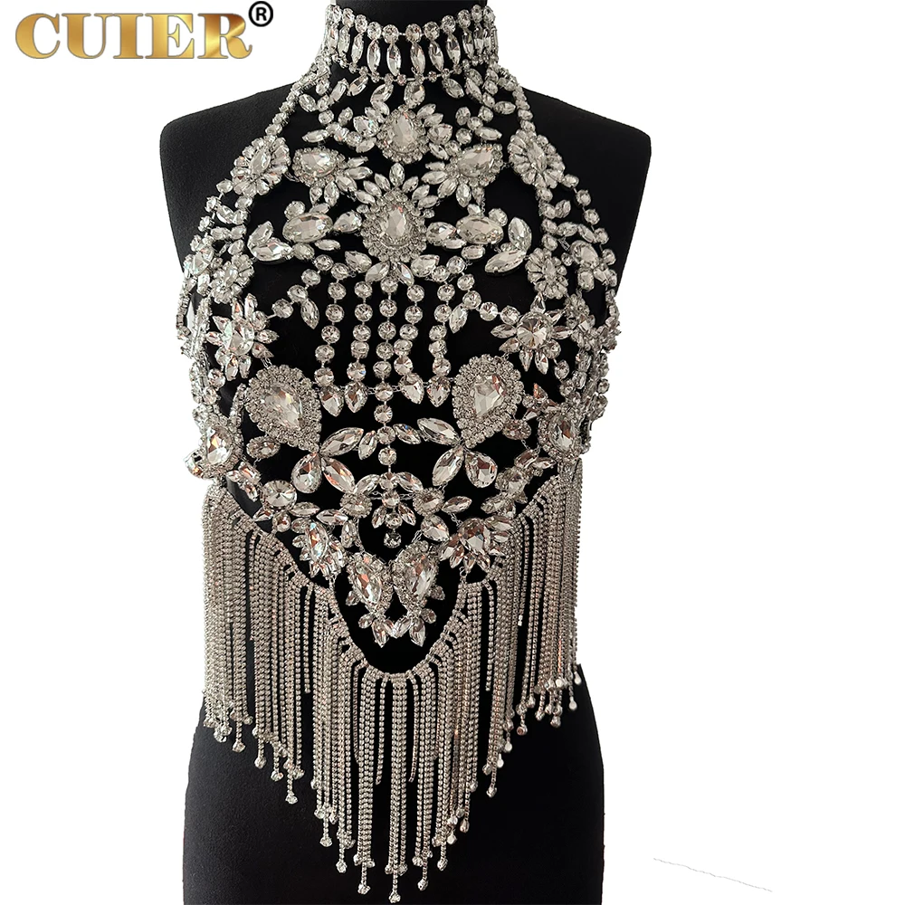 

CuiEr Super Gorgeous Champagne Sexy Rhinestones Tops for Women Boy Chain Glass Drill Prom Party dresses Body Jewelry Choker Big