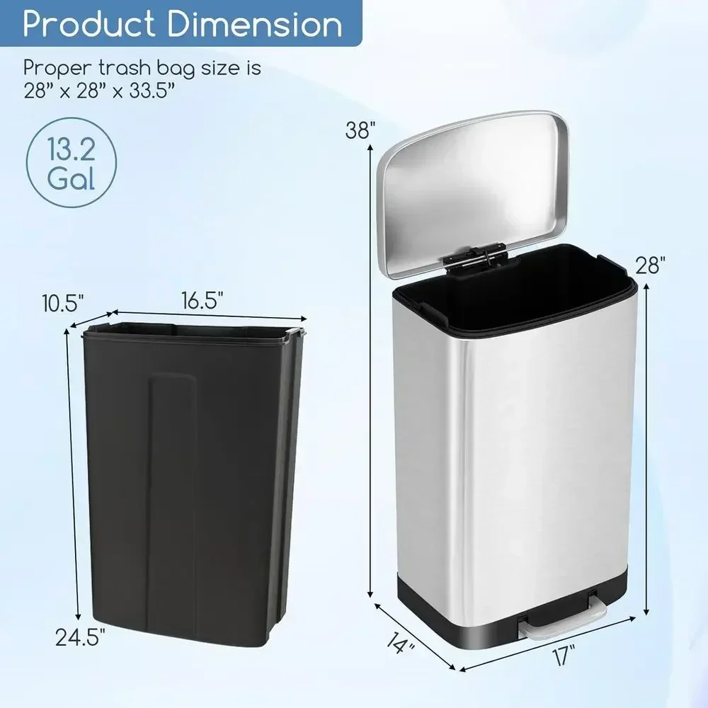 50 Liter Stainless Steel Trash Can with Lock, Foot Pedal, and Soft Closing Lid for Kitchen or Home Office