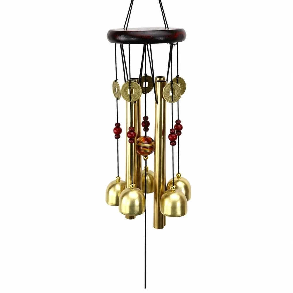 Traditional Wooden Bell Wind Chimes 4 Tubes 5 Bells Wall Hanging Chimes Aluminum Rod 21 Inch Metal Wind Chimes Living Room
