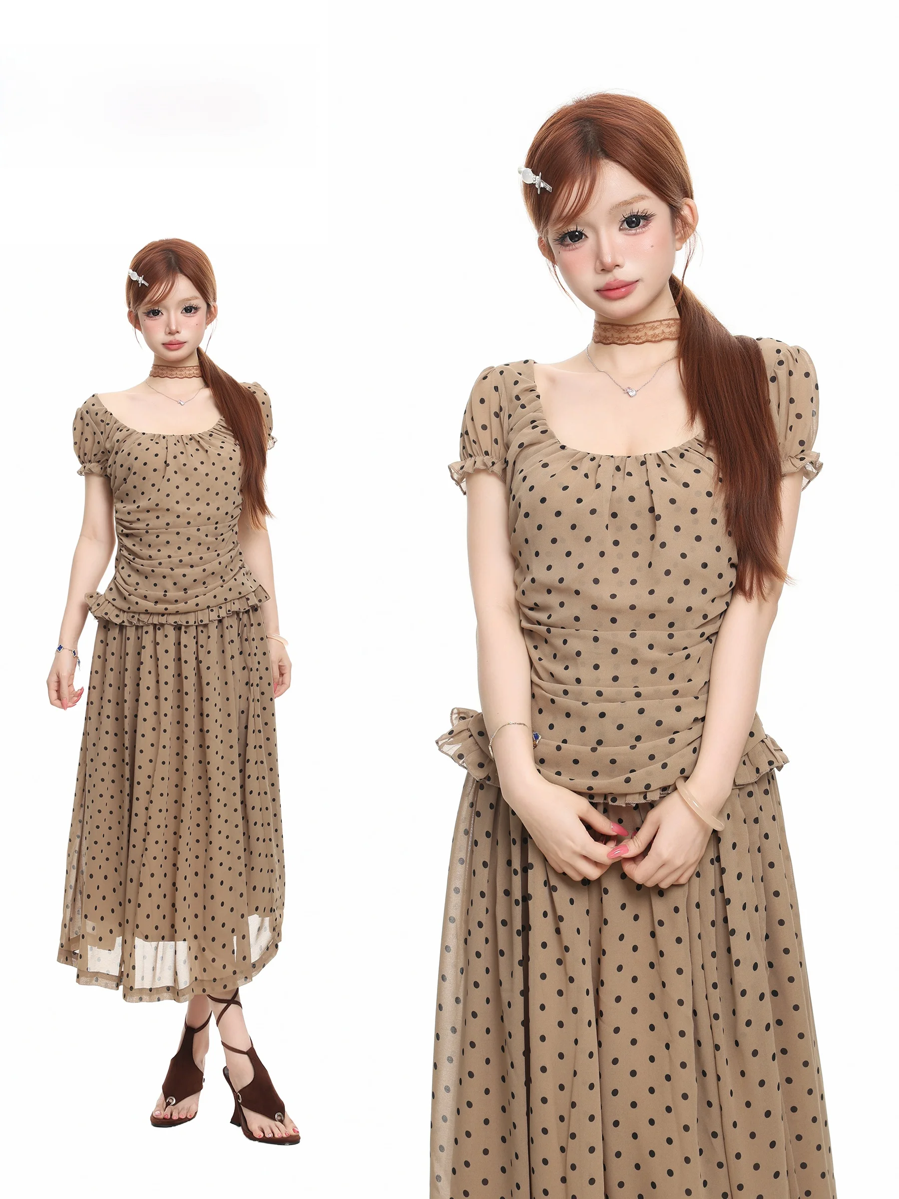 BASTERDS Korean Style Polka Dot Bubble Sleeve Square Collar Short Sleeve T-Shirt Women Summer Slimming Gathered Waist Top