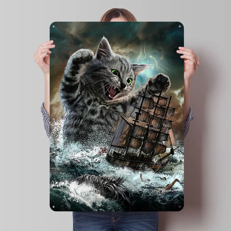Customizable Retro Metal Cat Kraken Wall Art
