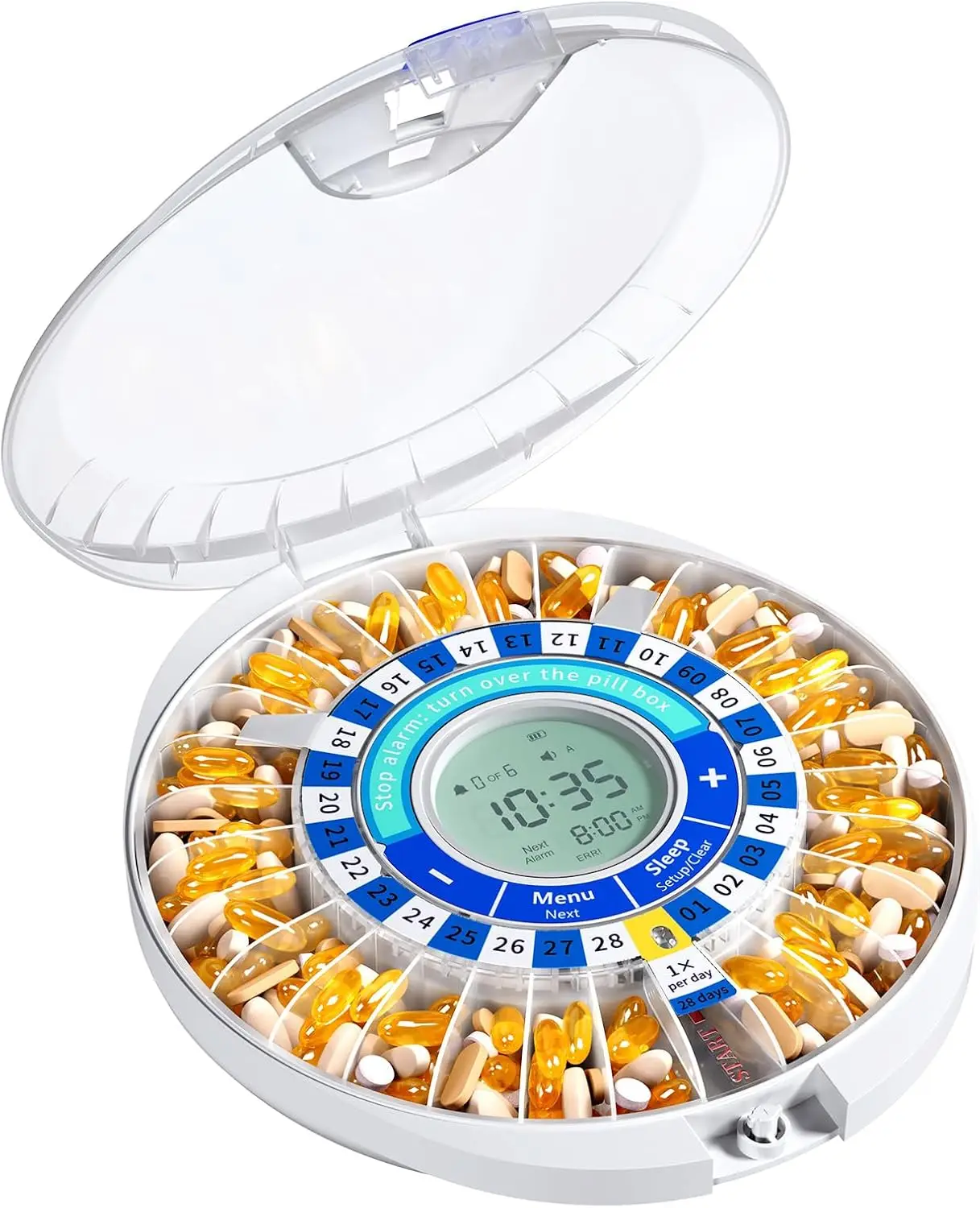 Automatic Pill Dispenser for Elderly with Alarm, 28-Day Electronic Locked Pill Box, Sound & Light Reminders for Medication