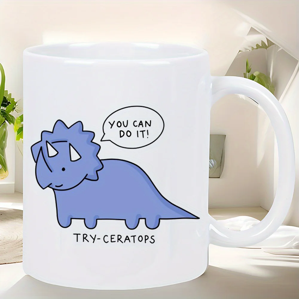 

Керамическая кружка с мотивационным динозавром Try-Ceratops — «Ты можете сделать это!» Вдохновляющая кофейная чашка с милым синим дизайном динозавра, белая