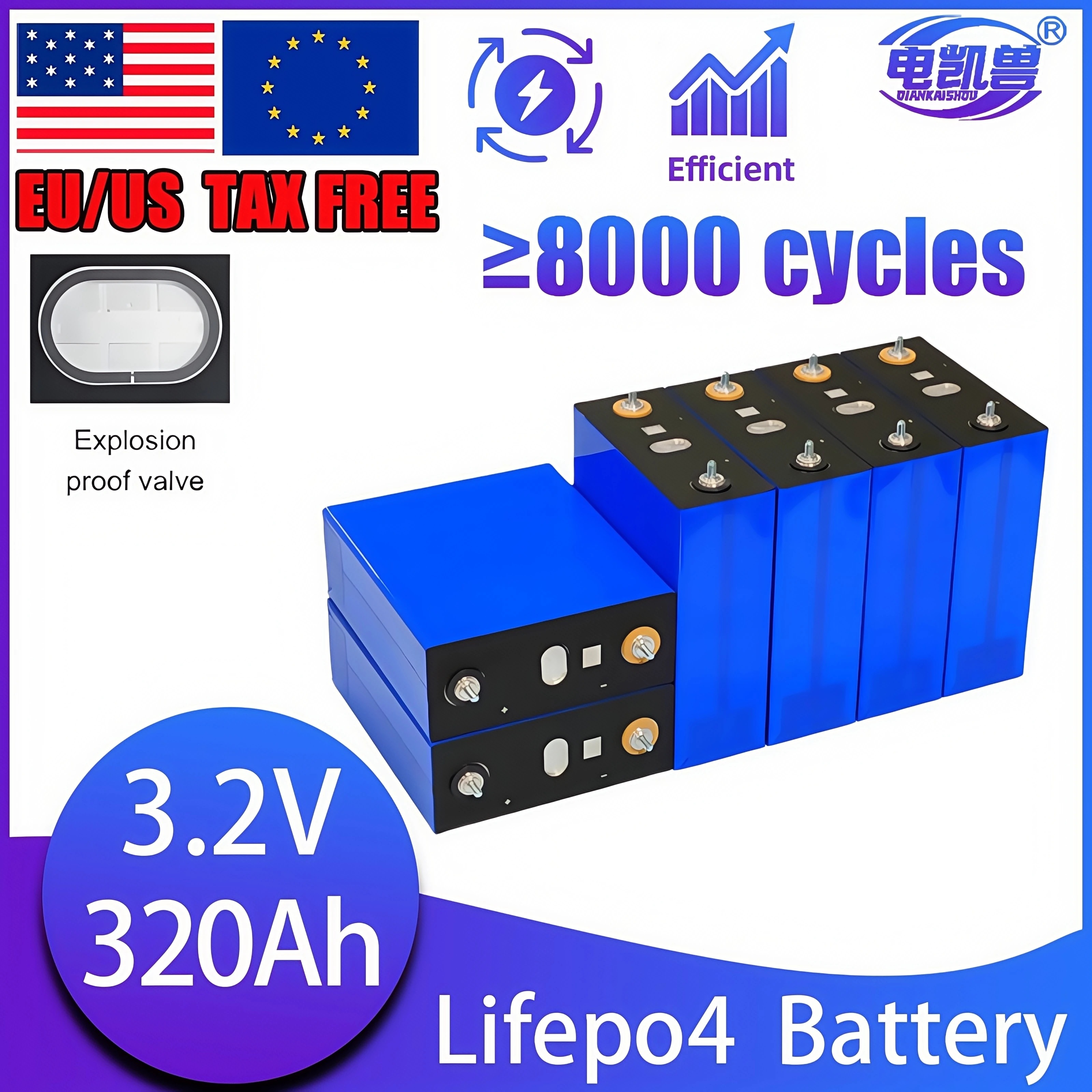 

320Ah 8000 Cycle LiFePO4 Rechargeable Battery 3.2V for Electric Vehicle Solar System Suitable Golf for- DIY 12V 24V 48V RVs