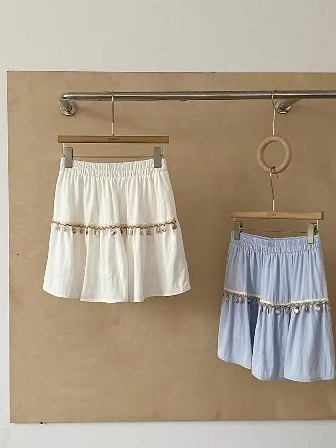 Elegant High Waist Short Skirt  Tassel Trim Vacation Style Princess Cut A-Line  Skirt Slimming Women's Fashion