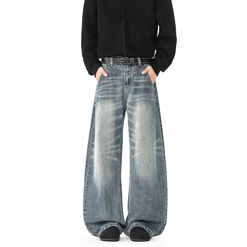 

American Washed Cat Whisker Embroidered Men's Jeans Minimalist Full Length Causal Wide-leg Pants 2026 Spring Autumn News