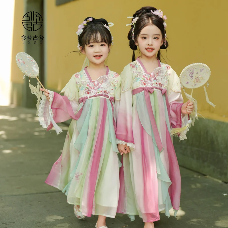 Детское платье Hanfu в китайском стиле на весну и осень 2024, платье принцессы в старинном стиле для девушек, супер сказочное осеннее