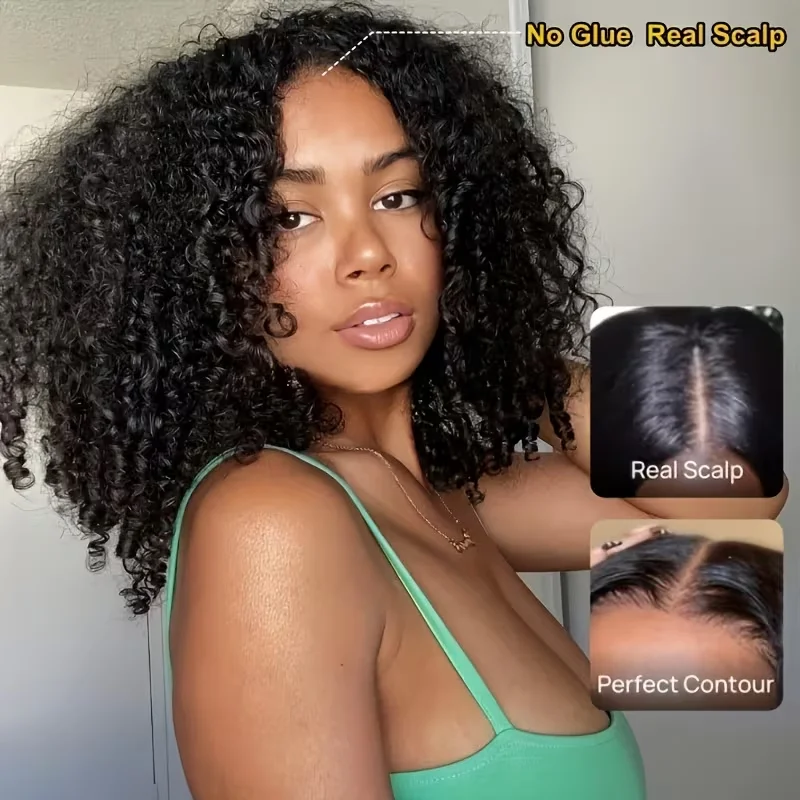 V Part Wig Burmese Curly Human Hair Wig Natural Color Glueless Wig No Leave Out No Glue Curly V Shape Wig For Women Beginner Friendly