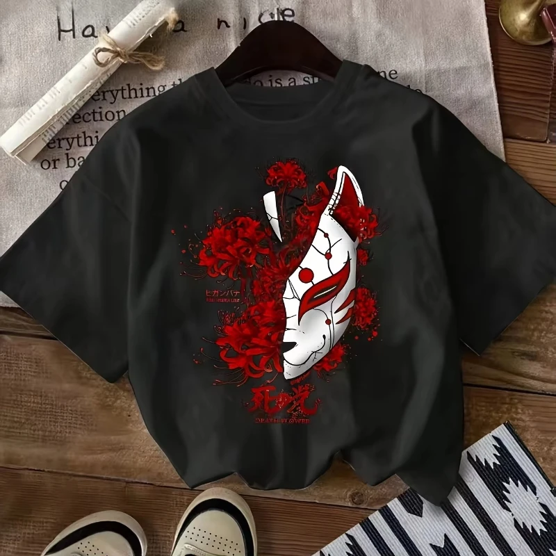 Men and Women Japanese Kitsune Fox Mask Sakura Cherry Blossom Graphic T-Shirt Black with Red Floral Print Men Clothing
