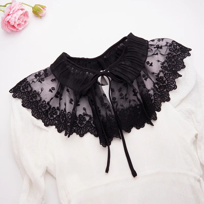Embroidery Double Layered Lace Up Shawl Wrap Sweet Skirt Decorative Doll Collar Lapel Detachable Fake Collar Top For Women