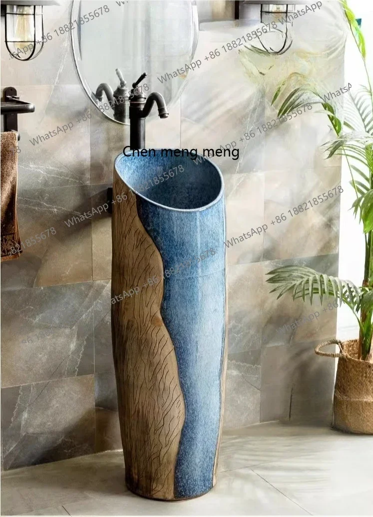 

X Carving small-diameter balcony hand washing, basin integrated column type face washing column basin floor type