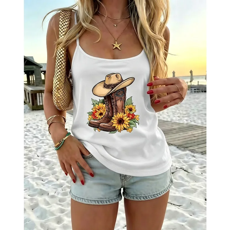 Women White Spaghetti Strap Cami Top Western Cowboy Hat Boots Sunflower Floral Graphic Sleeveless Top Summer Daily Wear Vest