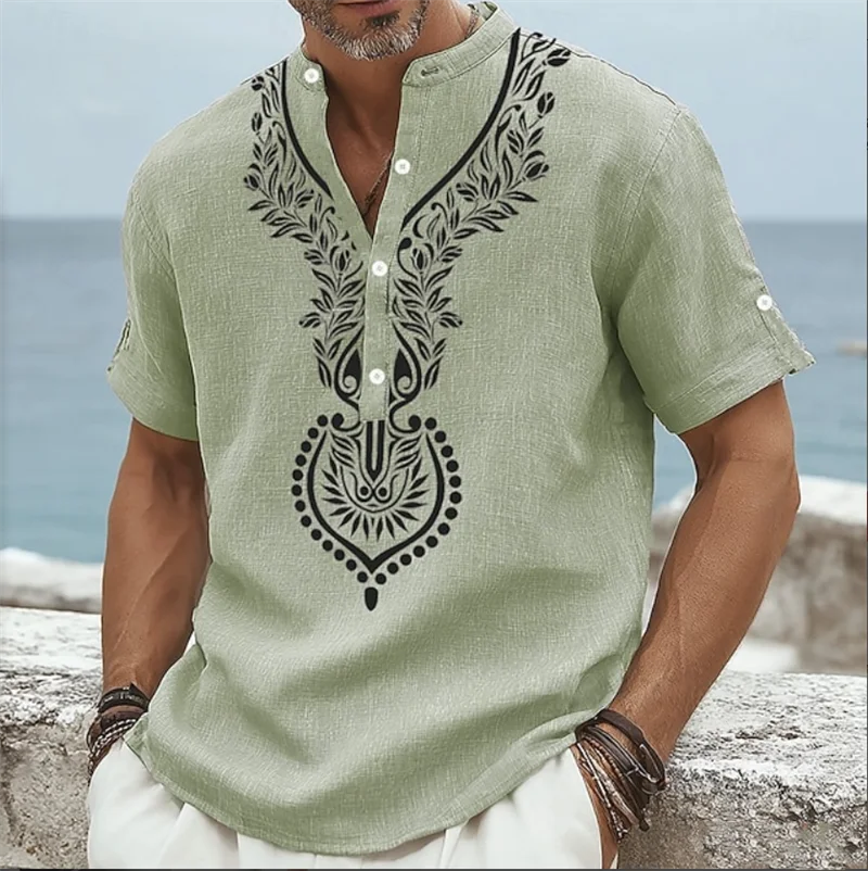 

New 3D ethnic style totem printed men's short sleeved shirt linen casual vacation style Henry collar shirt
