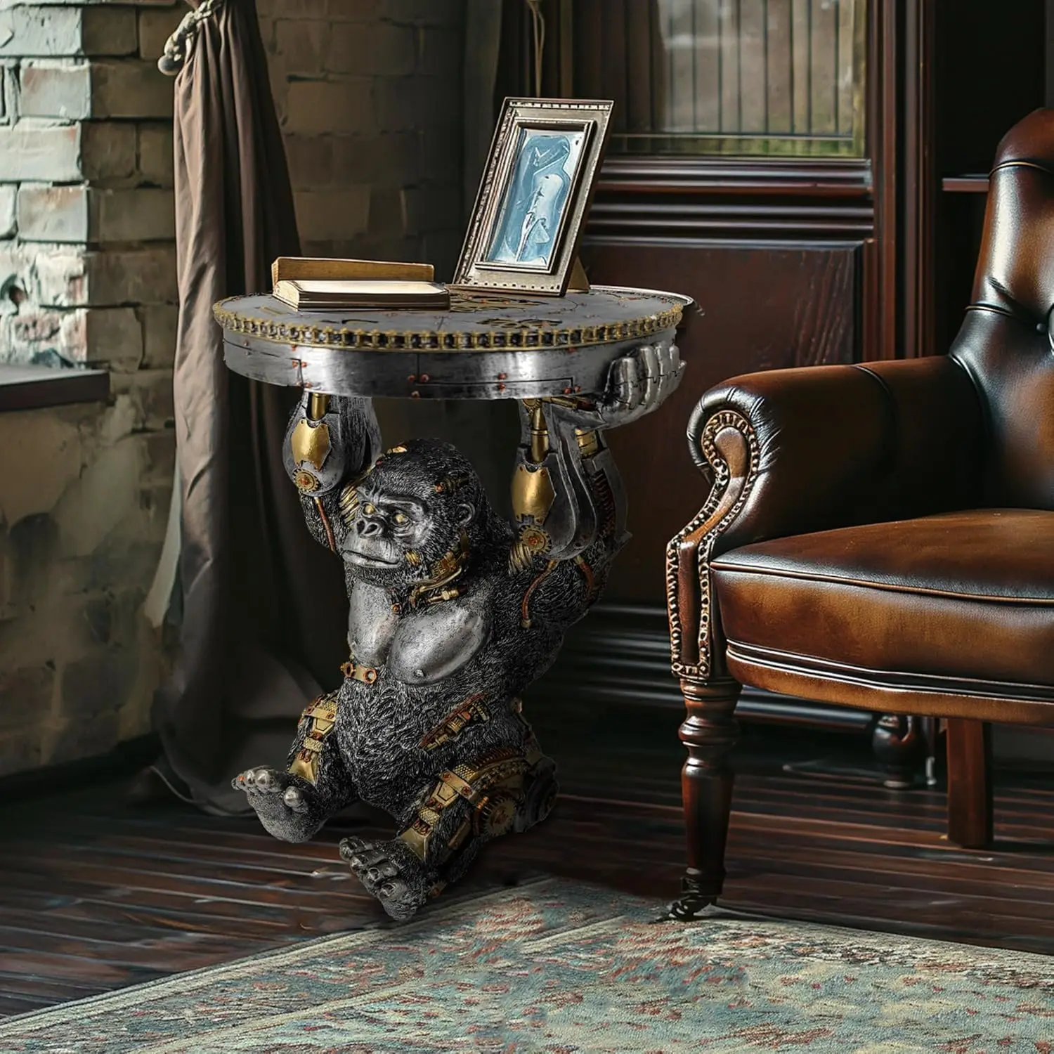 طاولة بقاعدة Steampunk من الغوريلا مصنوعة يدويًا، منحوتة قرد سايبورغ الراتنج، تمثال الخيال العلمي، تمثال قابل للجمع مرسومة يدويًا #5