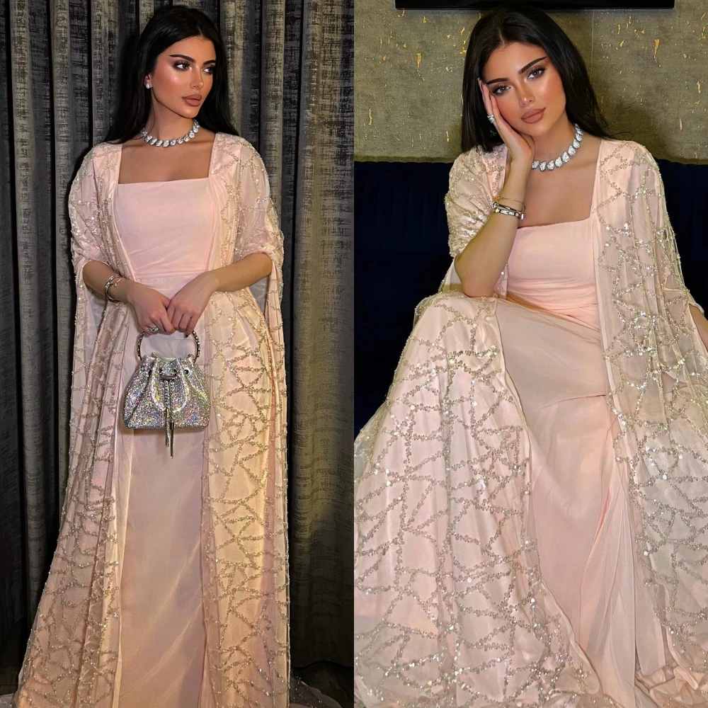 Customized Sparkle Exquisite Jersey Sequined Beading Ruched Christmas A-line Square Neck Bespoke Occasion Gown Long Dresses