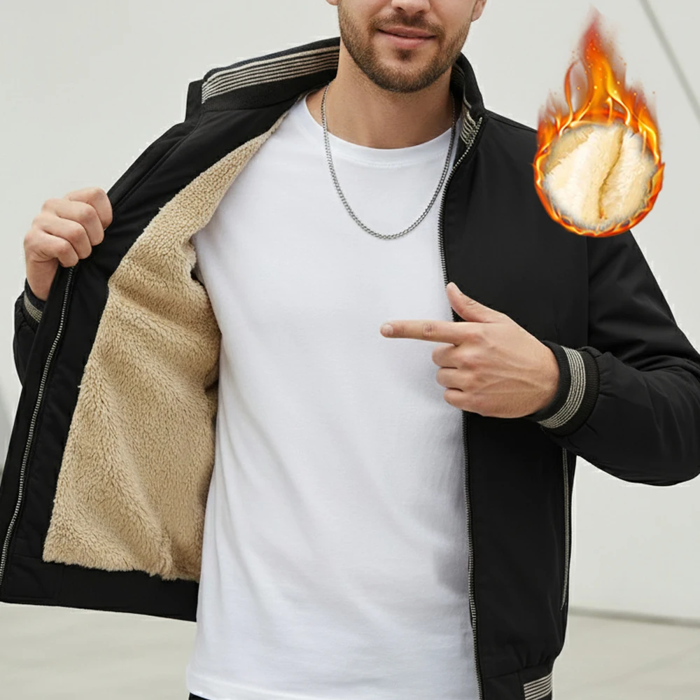 

2025 Autumn Winter Men's Jacket Thick Fleece Lined Warm Coat Casual Stand Collar Solid Windbreaker High Quality Fashion Outwear