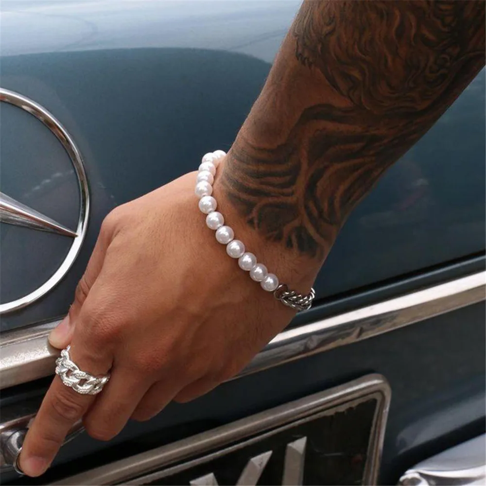 Einfaches Edelstahl-Perlenarmband in Silberfarbe, Herren-Kubakette, Retro-Party-Schmuck, Herrenmode-Accessoires – Detail 4