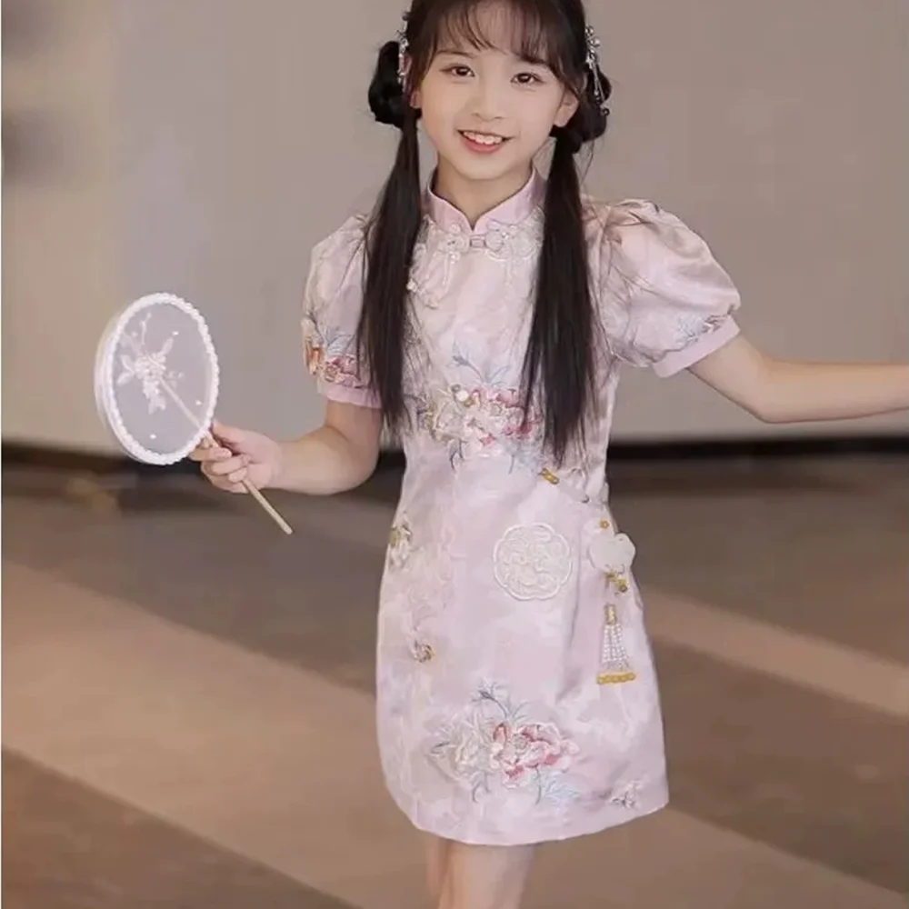 

Летние праздничные платья для девочек, детская одежда в стиле чонсам и ханьфу, костюм Тан, этнический детский наряд, платье-ципао для девочек, платья-вестидос