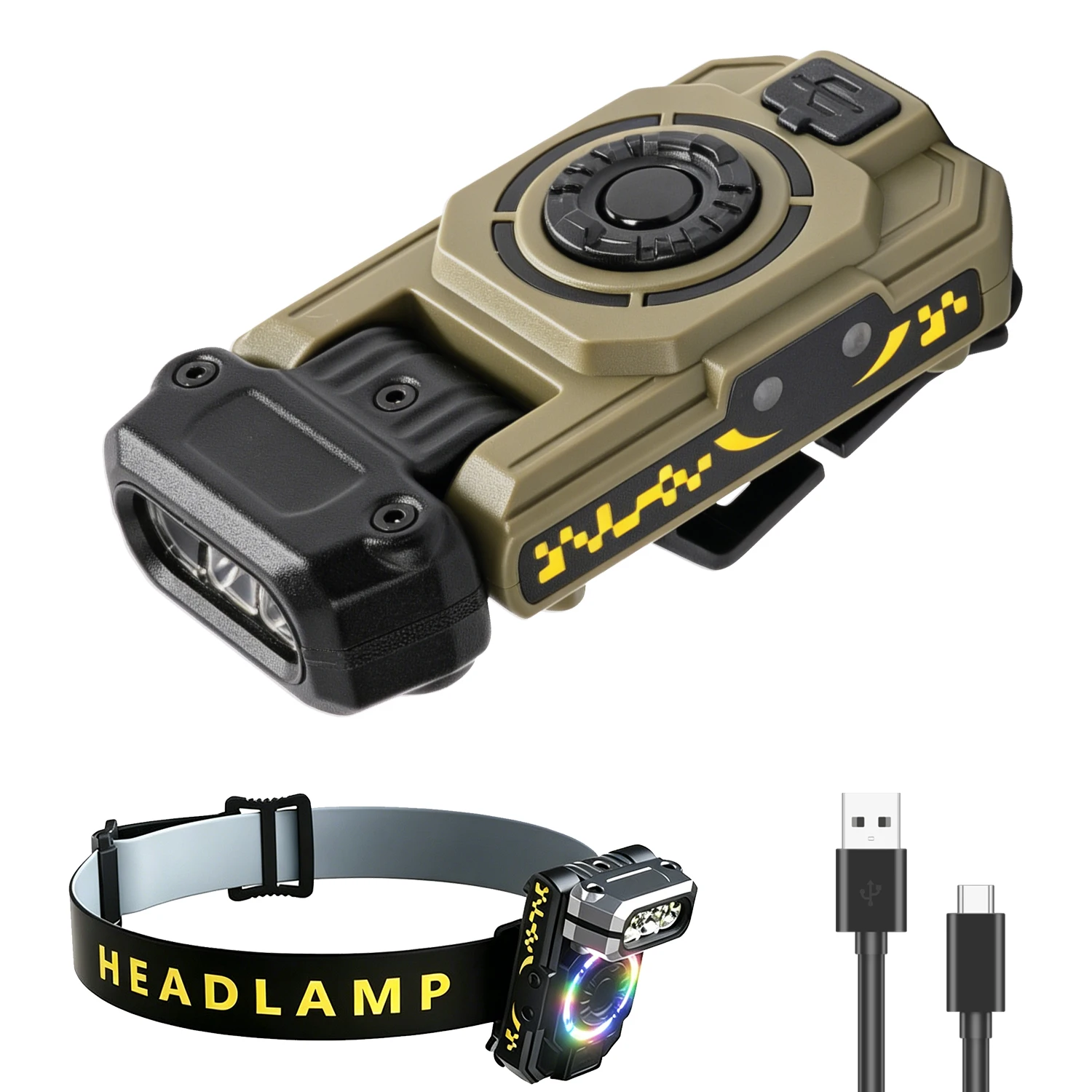 

Compact Pocket EDC Flashlight 3-in-1 Light Source RGB Decor Lamp Strong Magnet 180° Rotation Type-C Charging Outdoor Head Lamp.