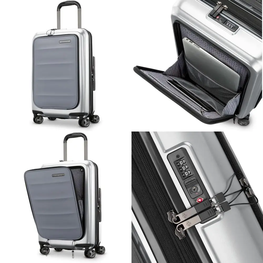 

expandable 21-inch hardside luggage with front pocket, durable and impact resistant, 360° spinning wheels