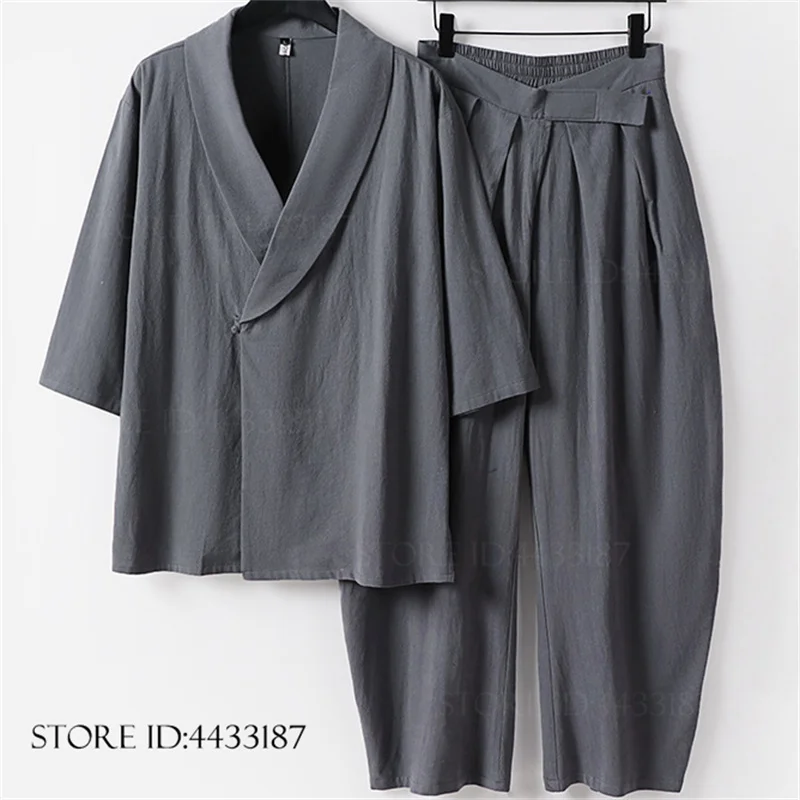 Plus Size 3XL-9XL Men's Japanese Kimono Cardigan Pants Set Cotton Linen Kimono Yukata  Haori Shirt Cosplay Samurai Costume 