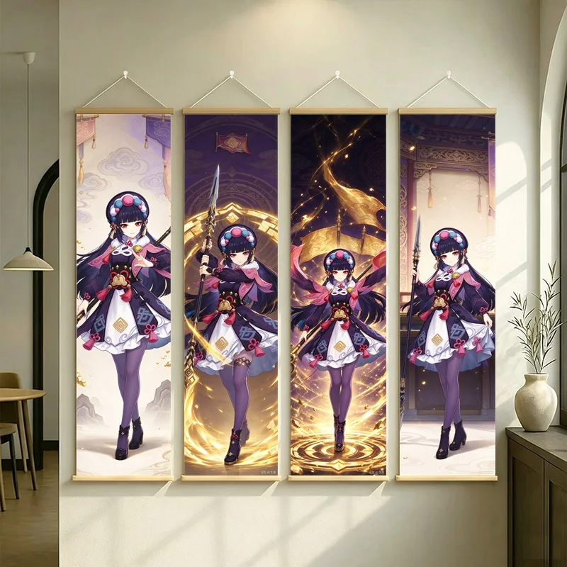 Hanging Scroll Wall Art of Genshin Impact Yun Jin with Purple and Gold Motifs on Silver Shimmer Canvas for an Anime Bedroom