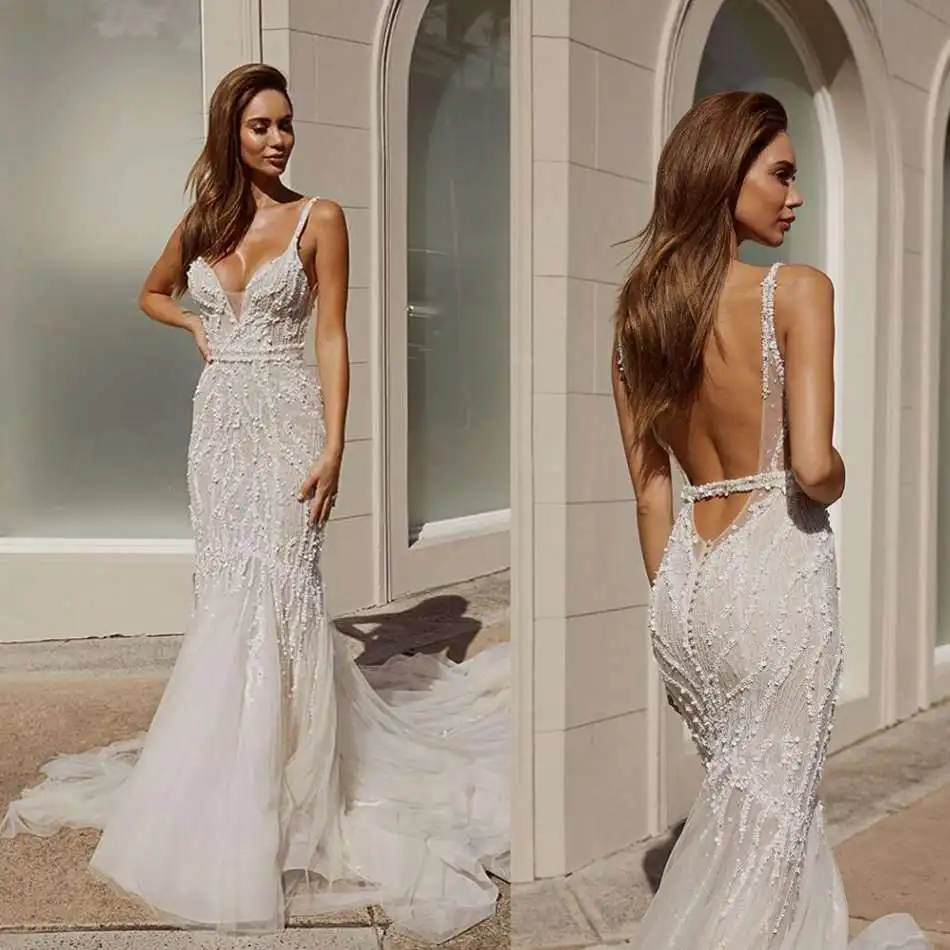 

Modern Mermaid Wedding Dresses Appliques Spaghetti Strap Backless Sleeveless Bridal Gown Sweep Train Vestido De Noiva Customized