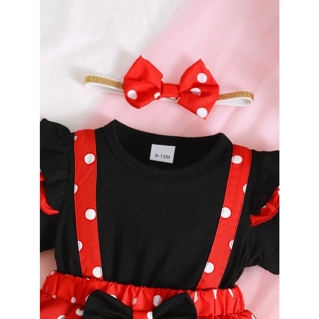 Cute 1-18 Months Infant Red&Black Polka Dot Romper Dress Fly Sleeve Summer Desses with Headband Newborn Baby Girl 2PCS Outfits