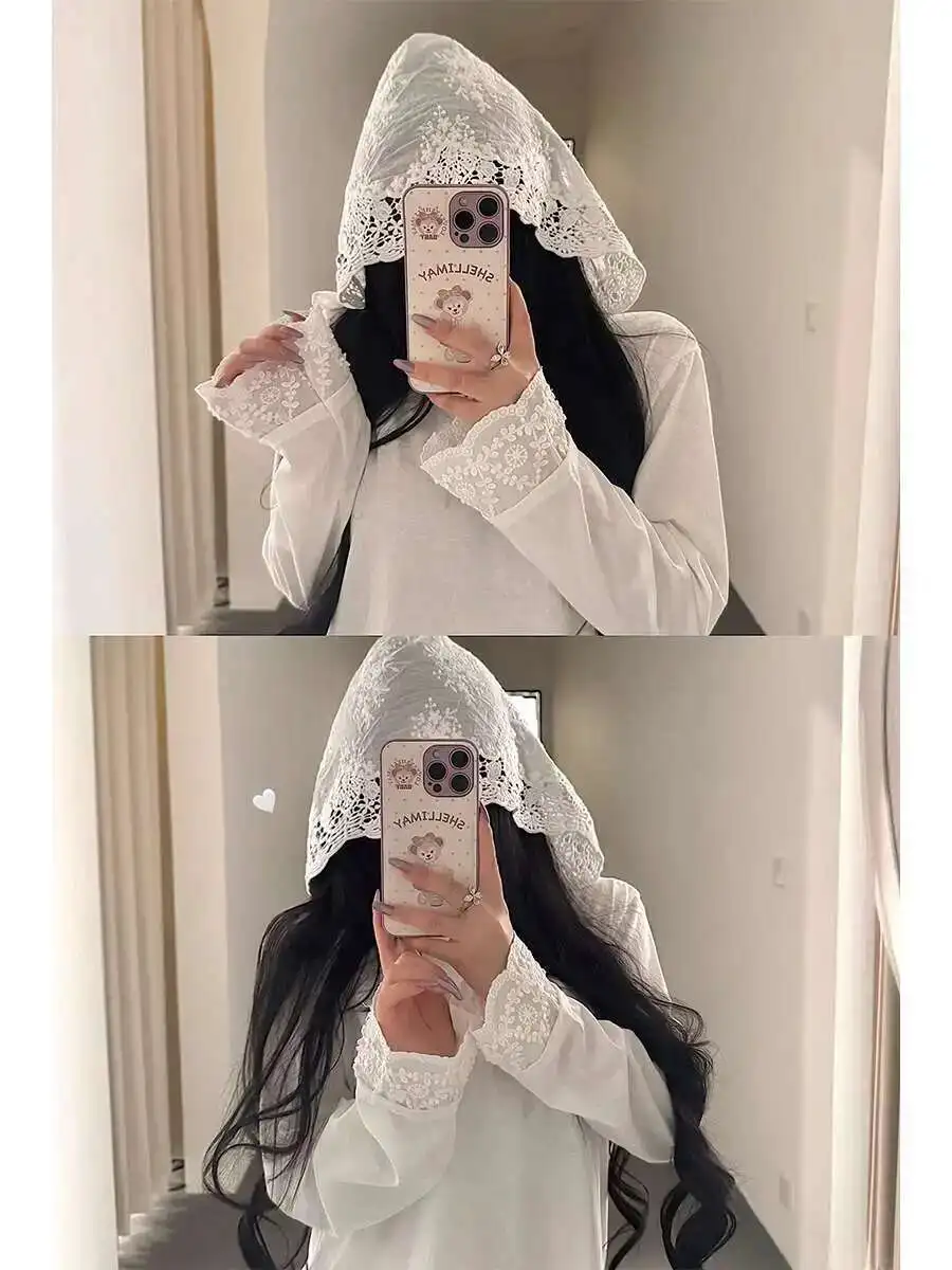 Pure Desire Lace Splicing Hoodie Loose Slim Long Sleeve T-shirt Top For Women Dress Elegant Fashion Sweet Women Tops 0XLW