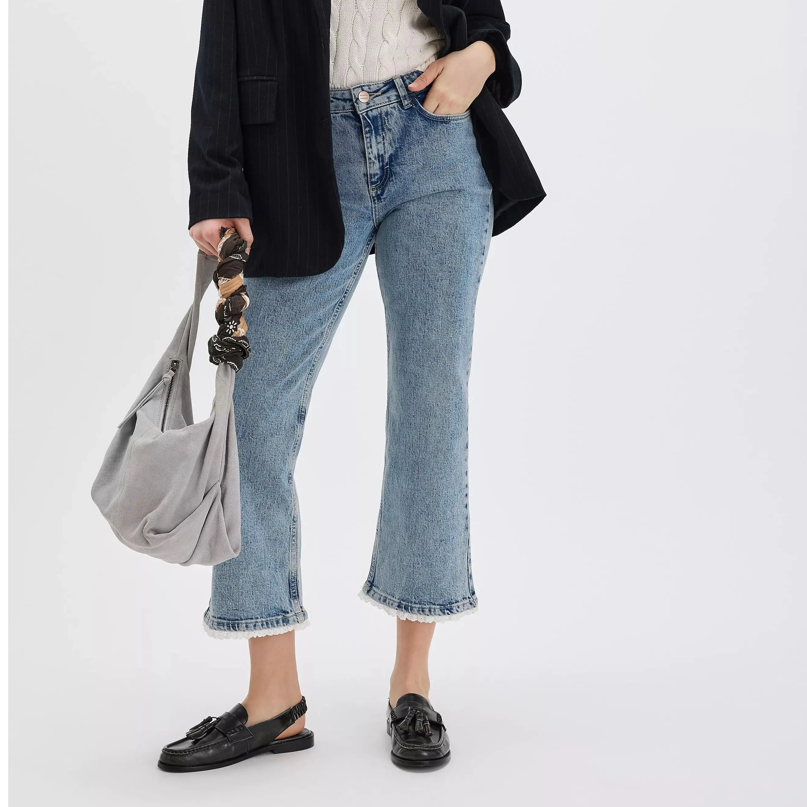 Women's Slim Tall Denim Trousers Versatile Comfortable Fashionable Lace Flared Design for Ladies Ankle Length Jeans