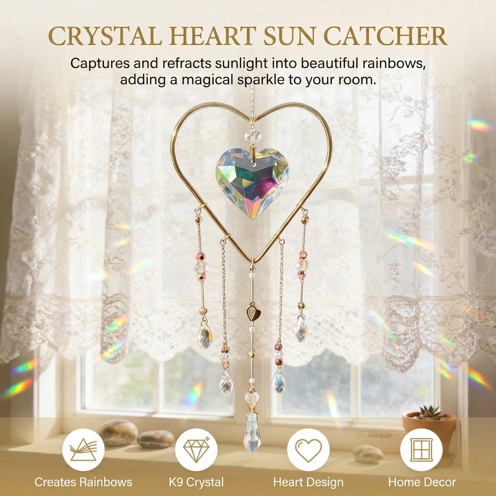Sun Catcher K9 Crystal Heart Prism Rainbow Light Hanging Decor for Window Balcony Garden Wedding Party Home Gift Durable