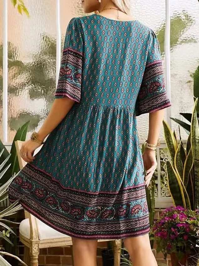 Fashion Short Sleeve Ethnic Style Print Mini Dress Women 2025 Summer Casual  Holidays Boho Dresses For Women Robe Femme