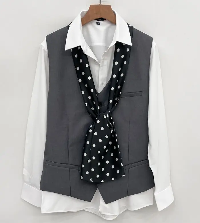 Men's British Retro Black and White Polka Dot Business Casual Small Scarf Versatile Long Scarf Decorative Neck Scarf Wide Tie