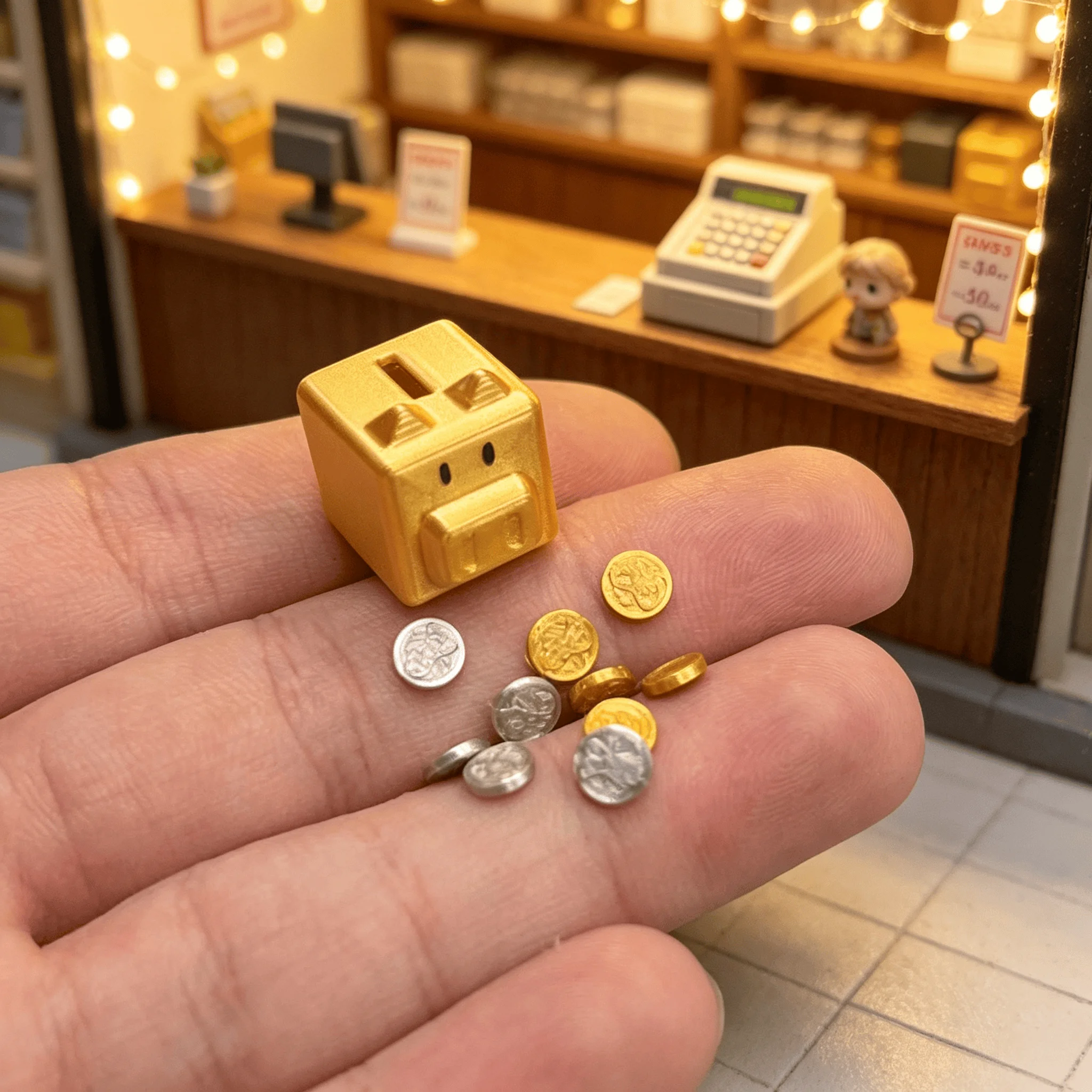 1/12 Miniature Square Piggy Bank with Gold and Silver Coins Dollhouse Ornament Model Scene Prop