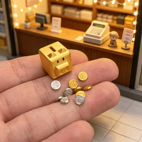 1/12 Miniature Square Piggy Bank with Gold and Silver Coins Dollhouse Ornament Model Scene Prop