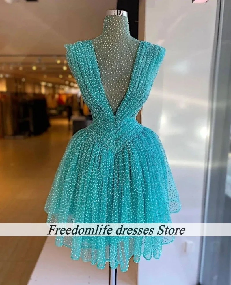 Robes d'anniversaire en Tulle bleu peu profond pour femmes, col haut, sans manches, robe de bal de luxe perlée, robes courtes de retour personnalisées, 2025