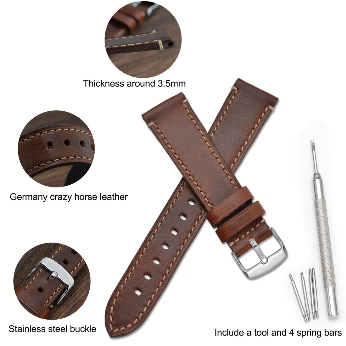 WOCCI Genuine Leather Watch Strap Watchband 18mm 20mm 22mm 24mm Business Casual Style Brown Black Men Bracelet Replacement