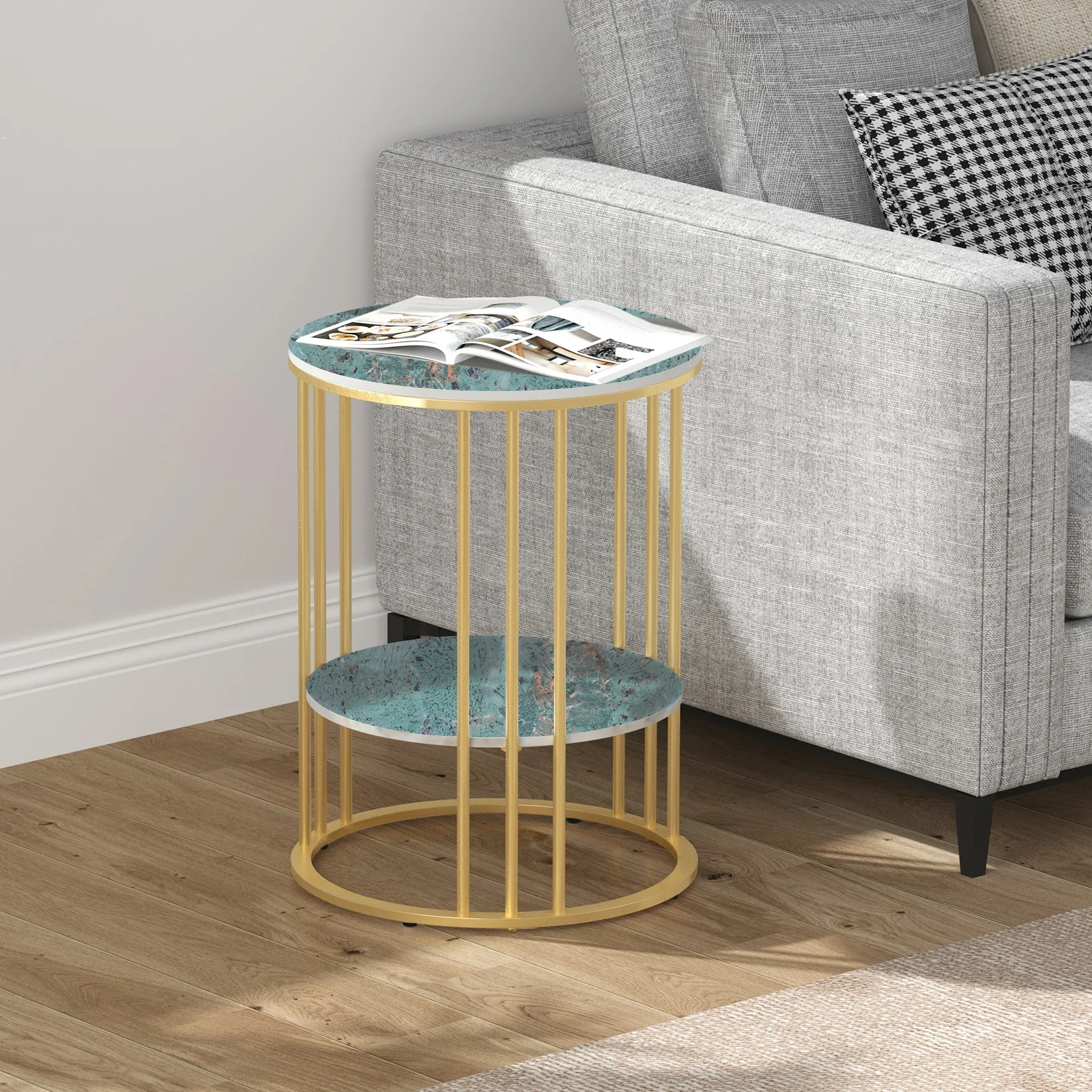 

#For Sintered Stone End Table 2 Tier Coffee Table with Gold Frame Storage Side Table - Bedside Nightstand for Living Room