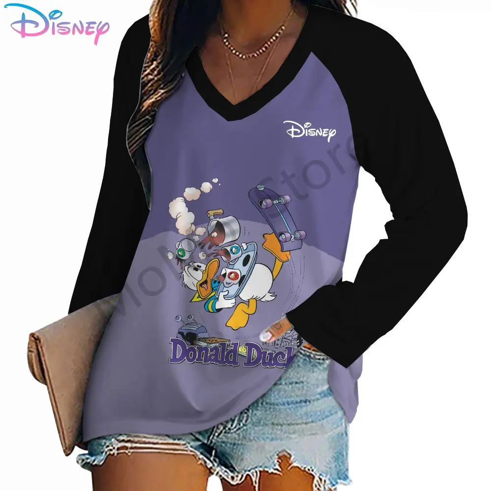 Disney Donald Duck Autumn Women\'s Long Sleeve T-Shirt Ladies Fashion High Quality S-3XL 2024 New V Neck Lovely Leisure Kawaii