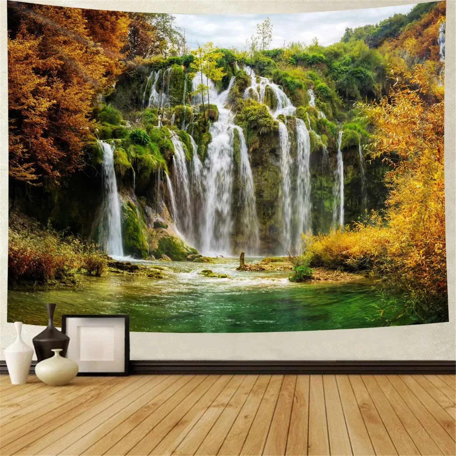 Waterfall Tapestry Tropical Forest Mountain Cave Stone Wall Hanging Scenic Rainforest Landscape for Bedroom Living Room Decor