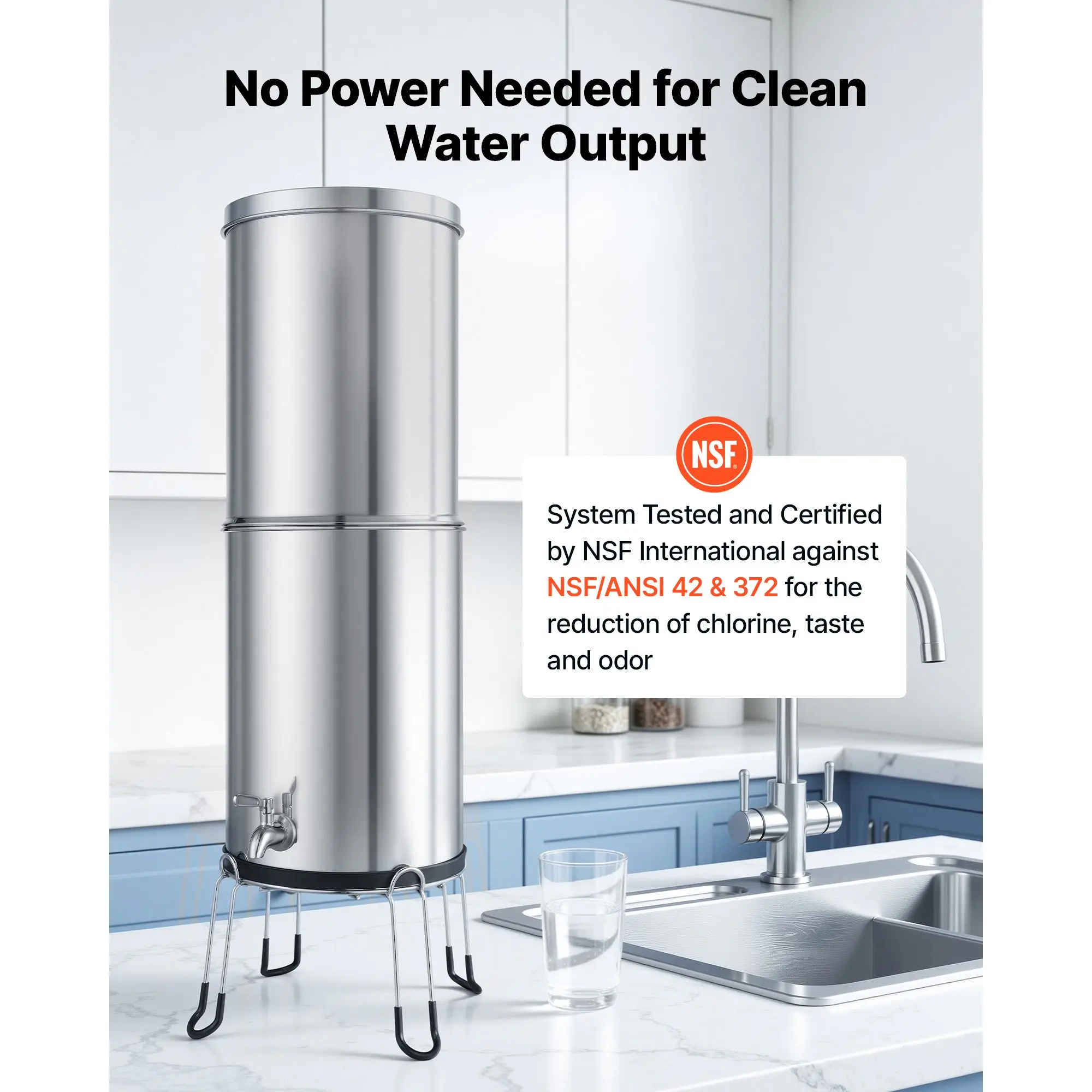 Gravity-fed Water Filter System, 3.25G 304 Stainless-Steel Countertop Water Filtration System, Reduces Lead and up to 99% of Chlorine, w/ 2 Carbon Filter, 2 Defluorination Filter, Spigot, Stand